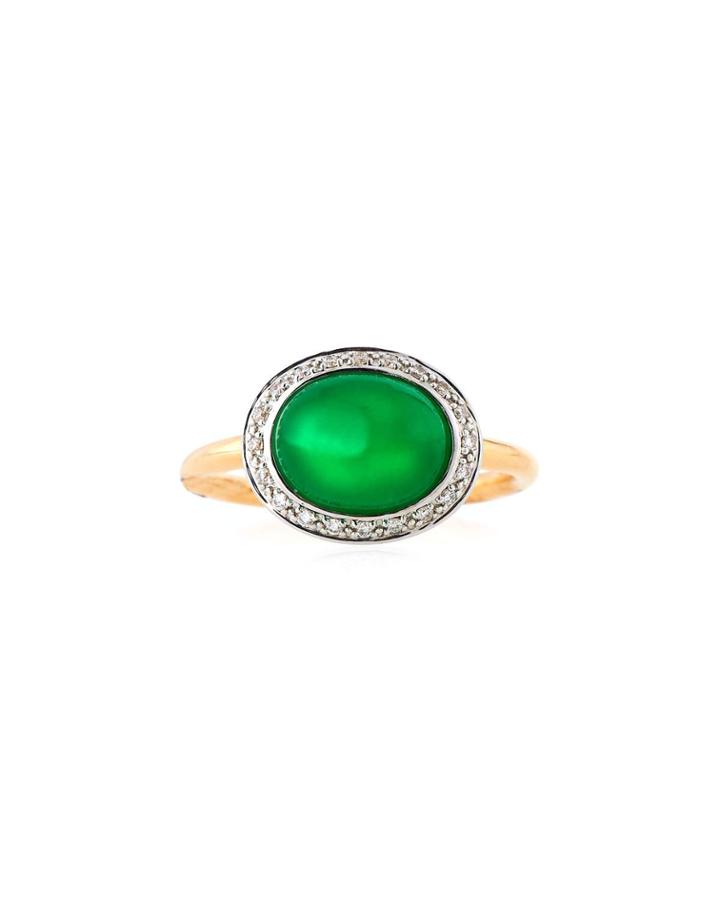 18k Green Jade Oval & Diamond Ring,