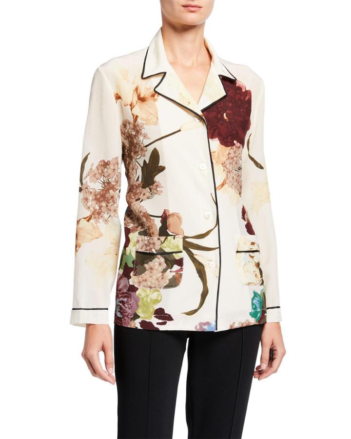 Floral Print Silk Button Down Blouse