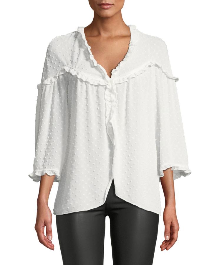 Clip Dot Ruffle Trim Blouse