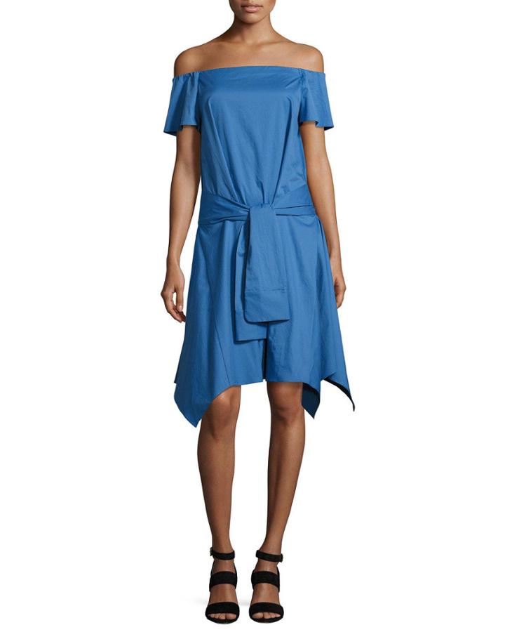 Off-the-shoulder Handkerchief-hem Dress W/ Tie, Coastal Blue