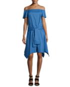 Off-the-shoulder Handkerchief-hem Dress W/ Tie, Coastal Blue