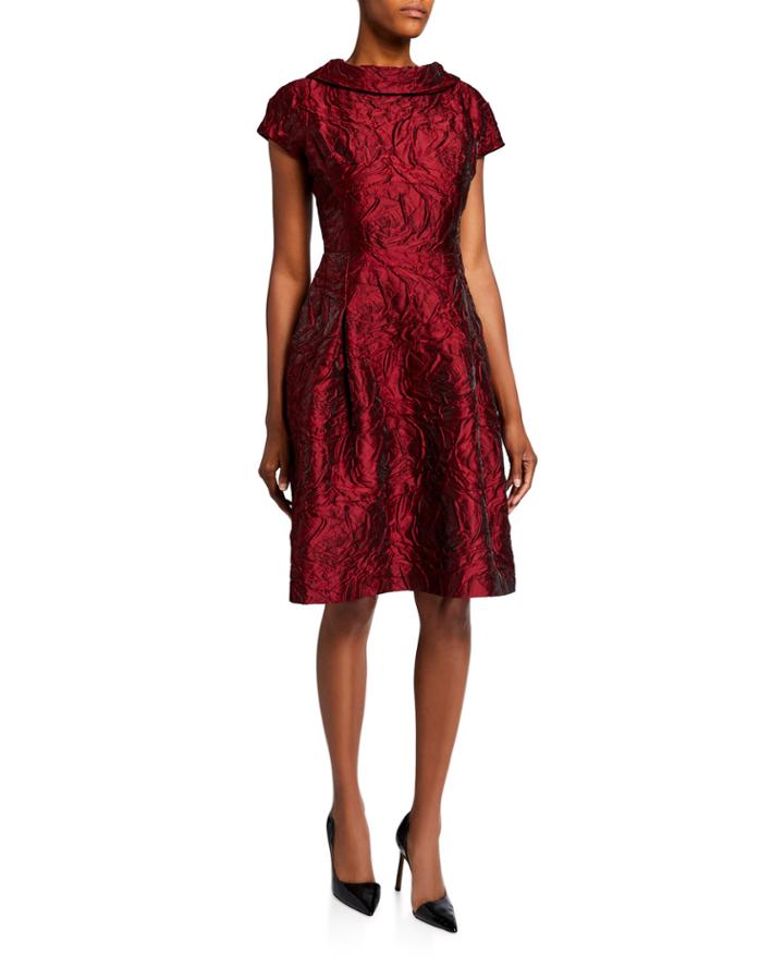 Roll-neck Cap-sleeve Textured Tonal Jacquard Dress