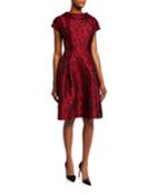 Roll-neck Cap-sleeve Textured Tonal Jacquard Dress