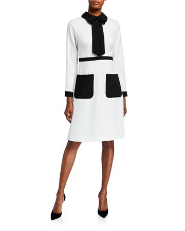 Contrast Neck-bow Crepe Dress