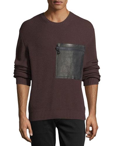 Rib-knit Leather-zip-pocket