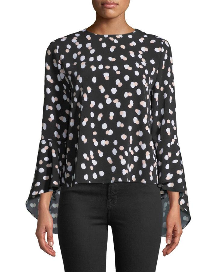 Dot-print Bell-sleeve Button Back Blouse