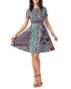 Print Pique Fit-and-flare Dress, Blue/teal