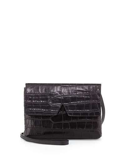Signature V Croc-embossed Baby Crossbody Bag, Black