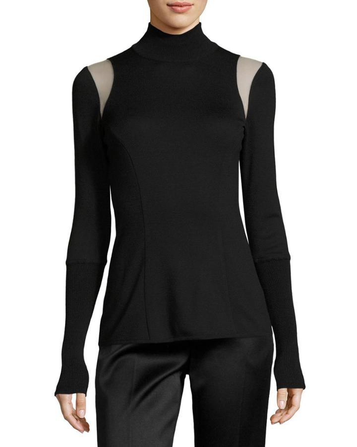 Knit Tulle-trim Turtleneck