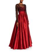 Long-sleeve Floral Embellished Bodice Taffeta