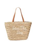 Straw Scripted Tote Bag, White