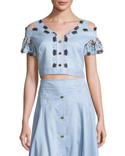 Off-the-shoulder Lace-trim Cropped Top, Blue