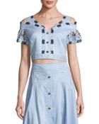 Off-the-shoulder Lace-trim Cropped Top, Blue