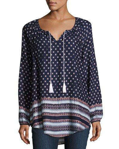 Long-sleeve Tasseled Tunic, Blue Pattern