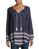 Long-sleeve Tasseled Tunic, Blue Pattern