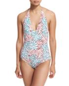 Nina Leaf-print One-piece Halter
