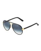 Two-tone Leather Aviator Sunglasses, Black