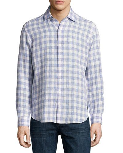 Plaid Linen Sport Shirt, White/light Blue