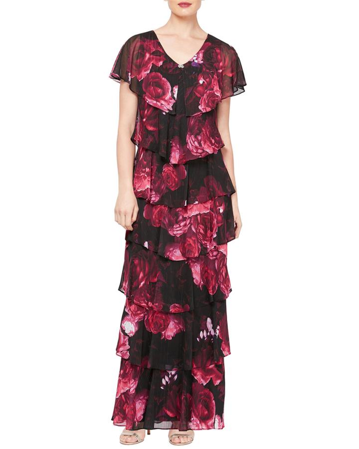 Floral-print Short-sleeve Tiered Dress, Purple