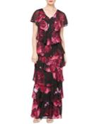 Floral-print Short-sleeve Tiered Dress, Purple