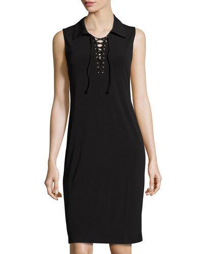 Lace-up Grommet-trim Midi Dress, Black
