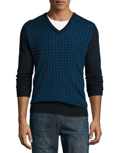 Houndstooth Wool V-neck Sweater,