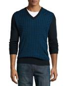 Houndstooth Wool V-neck Sweater,