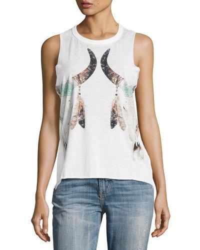Reflected Floral Cow Skulls Tank, White