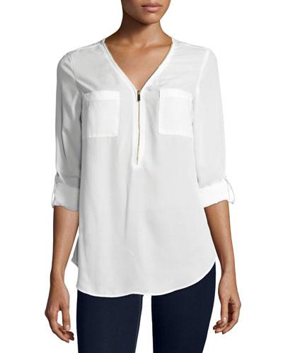 Zip-front V-neck Tunic, Ivory