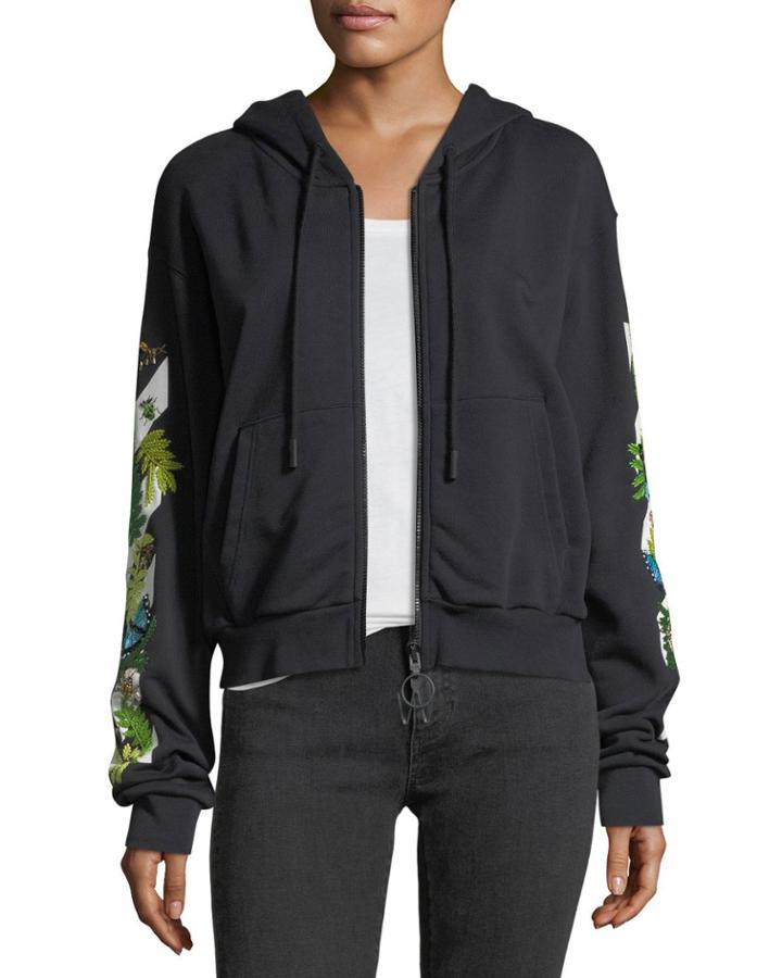Embellished Graphic Zip-front Crop Hoodie