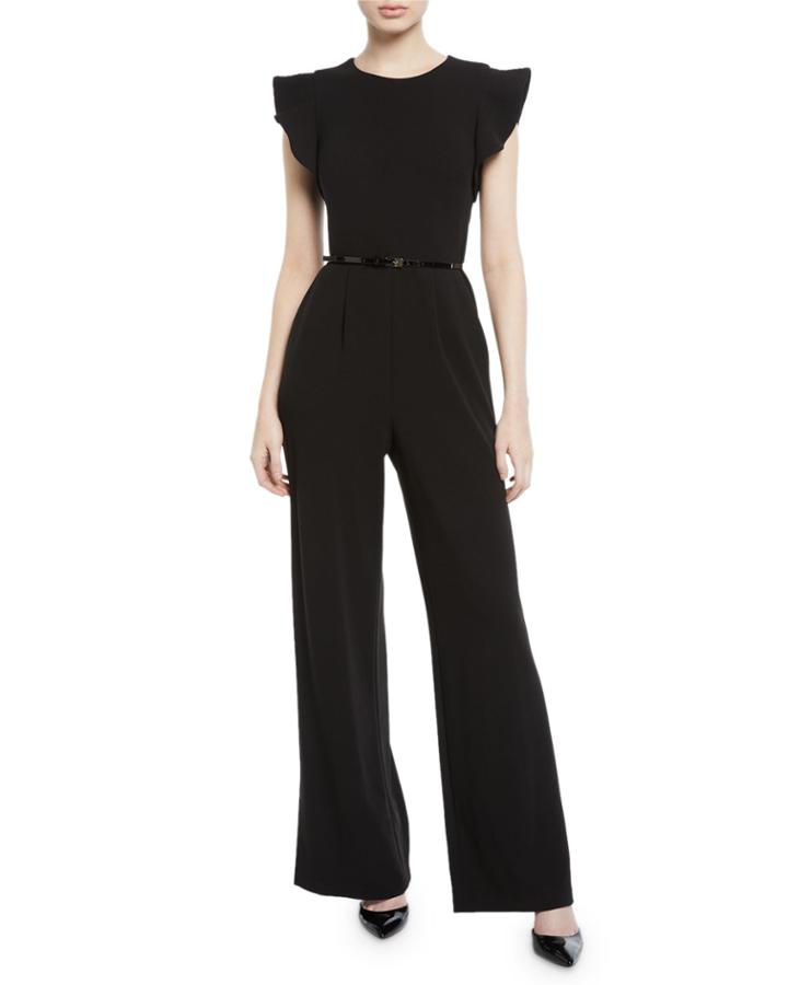 Belted Flutter-sleeve Jumpsuit