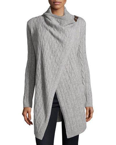 Cashmere Clasp Drape-front Cardigan, Heather Gray