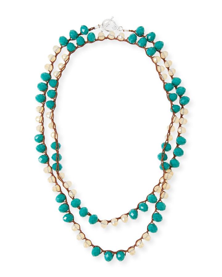 Long Crocheted Teal Crystal Necklace,