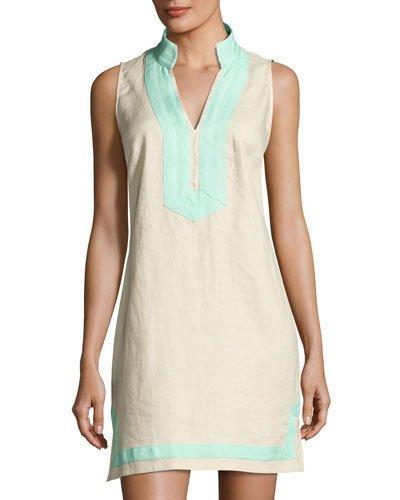 Contrast-trim Linen Tunic Dress, Beige