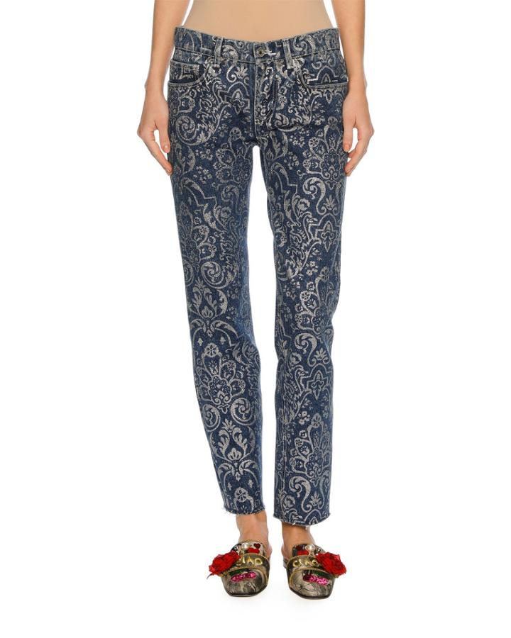 Baroque Scroll-print Denim Jeans, Blue/silver