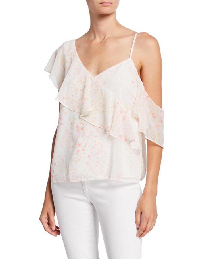 Splatter Cold-shoulder Ruffle Blouse