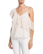 Splatter Cold-shoulder Ruffle Blouse