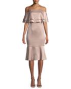 Hammered Satin Layered Cold-shoulder Dress