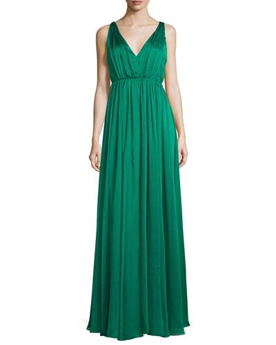 Sleeveless Shirred Chiffon-overlay Gown, Emerald