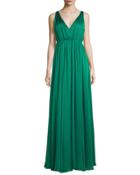 Sleeveless Shirred Chiffon-overlay Gown, Emerald