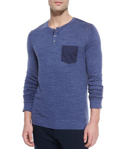 Sporty Woven Henley Tee, Blue