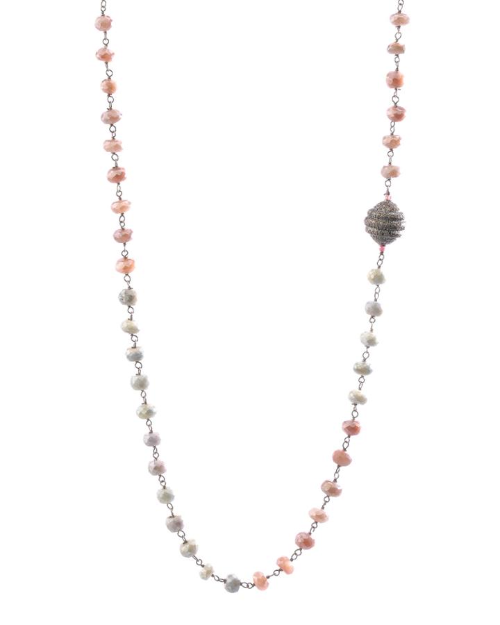 Black Silver Strand Necklace With Coated Sapphire, Peach Moonstone & Diamonds,