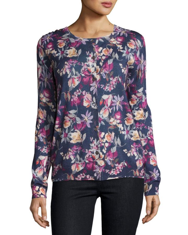 Superfine Floral-print Cashmere Cardigan