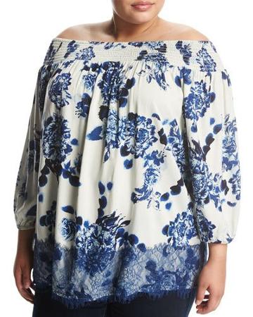 Lace-trim Floral-print Off-the-shoulder Top, White,