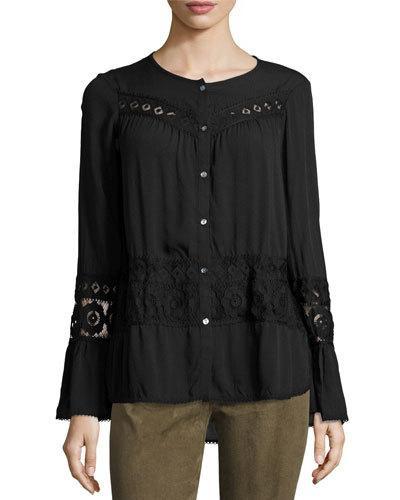 Long-sleeve Lace-panel Top, Black