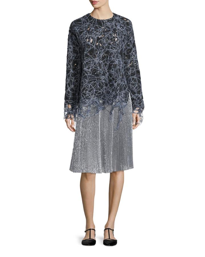 Long-sleeve Raw-edge Lace Sweatshirt, Black