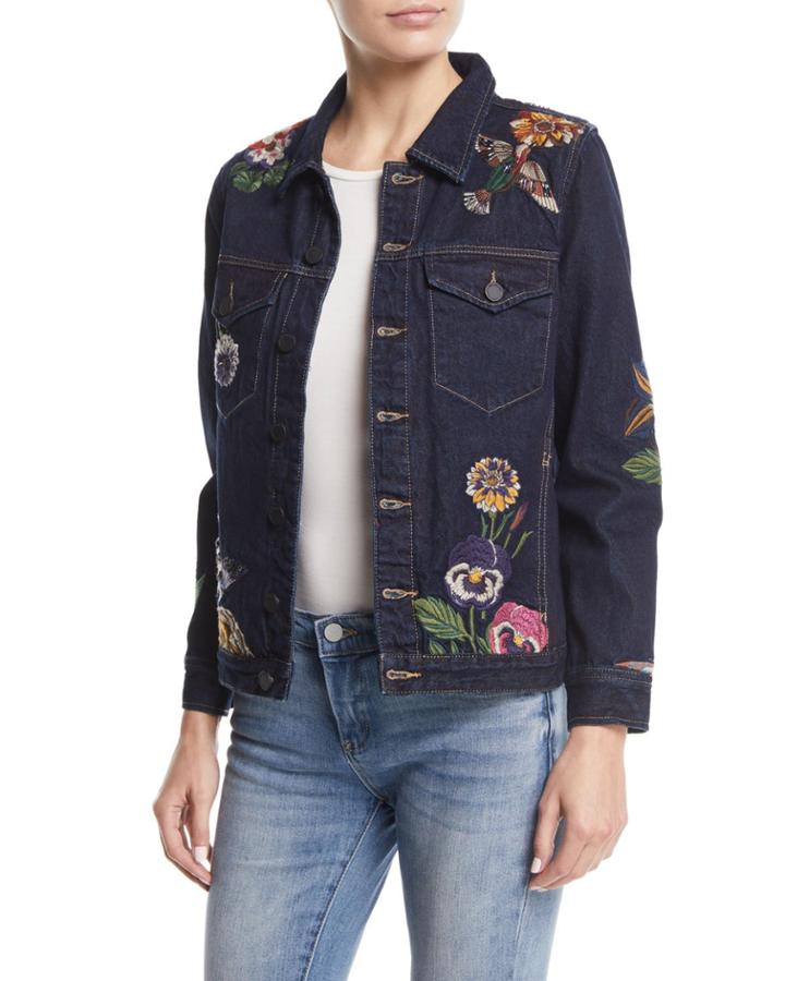 Culture Vulture Button-front Floral-embroidered Denim Jacket