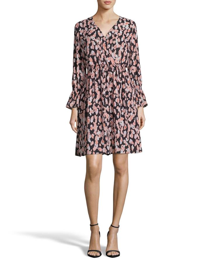 Surplice-neck Long-sleeve Smocked-waist Print Dress