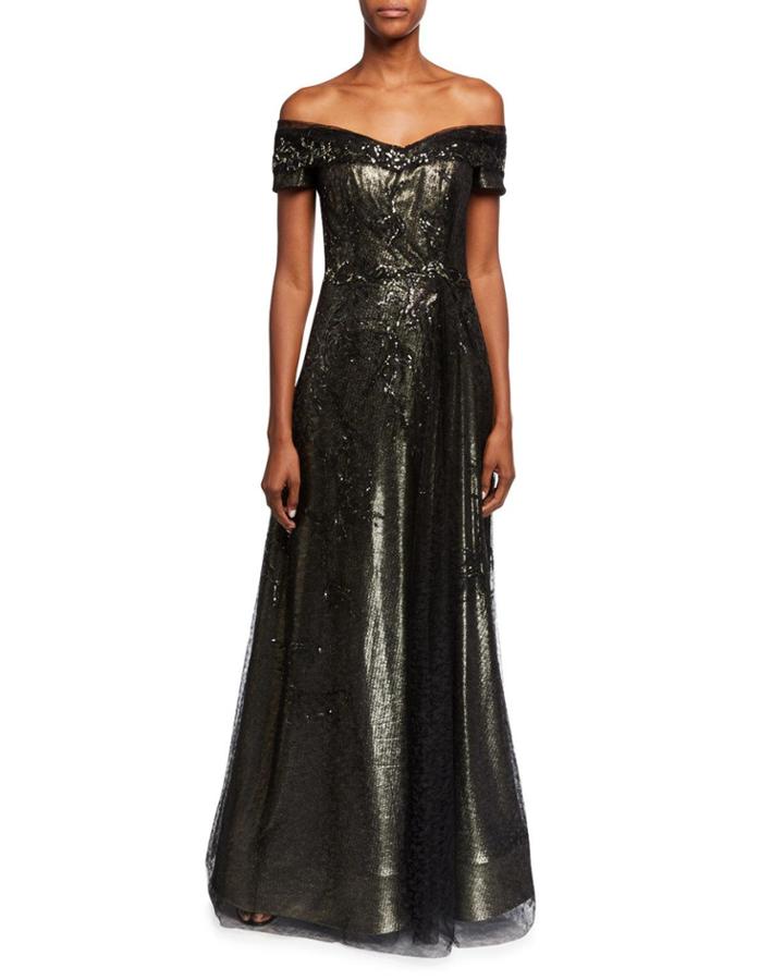 Off-the-shoulder Bead Embellished A-line Gown