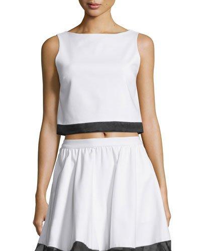 Emmalyn Sleeveless Boxy Silk-trim Top, White/black